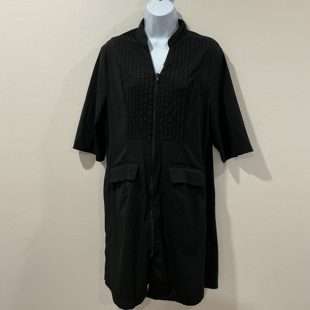 Noel Asmar Women Black Pleated Zip Front Uniform Tunic Scrub Top Large